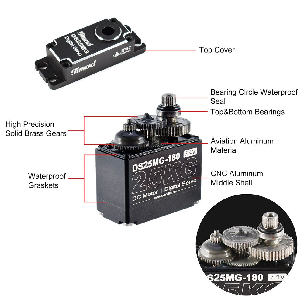 9imod DS25MG 25kg Waterpoof Servo 180°/270° Full Aluminum Case Metal Gear High Torque for 1/8 1/10 1/12 RC Car/Robot/Boat DIY