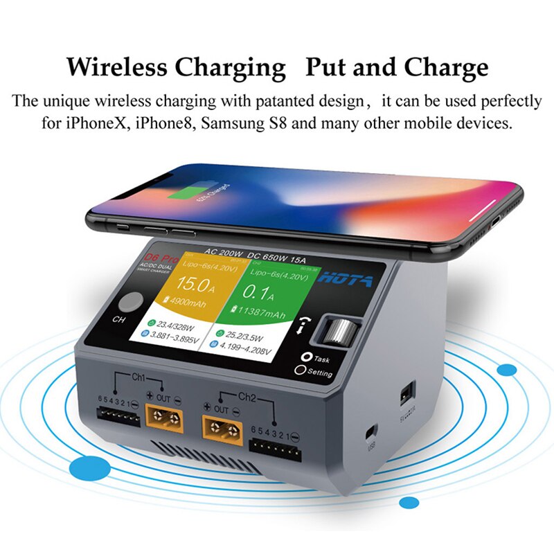 HOTA D6 Pro Smart Charger Dual Channel AC200W DC650W US/EU 15A Lipo NiZn/Nicd/NiMH Battery Charger Wireless Charging For RC FPV