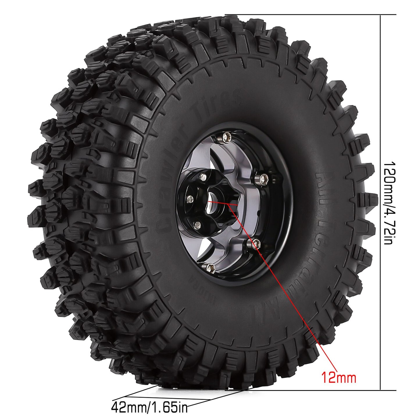 INJORA 4PCS 120*42mm 1.9" Wheel Rims Tires Set for 1:10 RC Rock Crawler Car TRX4 Axial SCX10 90046 Redcat Gen8
