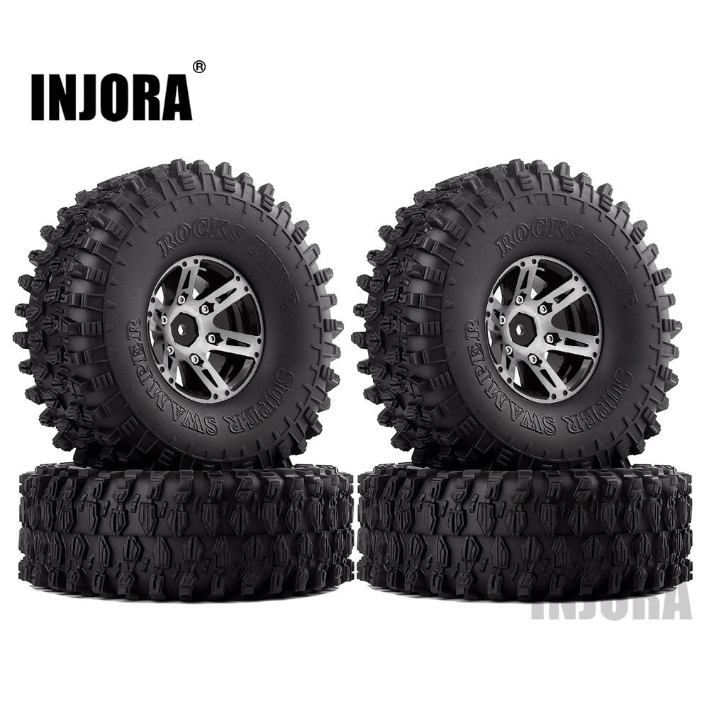 INJORA 4Pcs 1.9" Beadlock Wheel Rim & 1.9 Rubber Tires Set for 1/10 RC Crawler Axial SCX10 90046 RC Car Parts