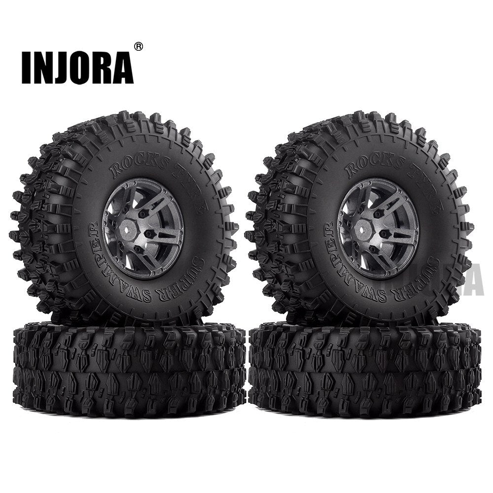 INJORA 4Pcs 1.9" Beadlock Wheel Rim & 1.9 Rubber Tires Set for 1/10 RC Crawler Axial SCX10 90046 RC Car Parts