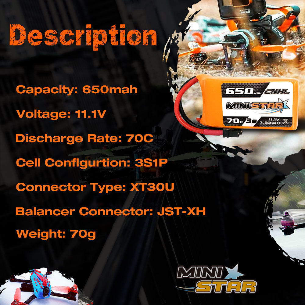 3PCS CNHL Lipo 3S Battery 11.1V 650mAh 70C Ministar Series XT30 For Mini Quad FPV Drone Quadcopter Helicopter Airplane