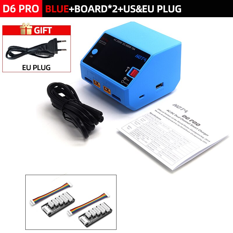 HOTA D6 Pro Smart Charger Dual Channel AC200W DC650W US/EU 15A Lipo NiZn/Nicd/NiMH batterijlader Draadloos opladen voor RC FPV