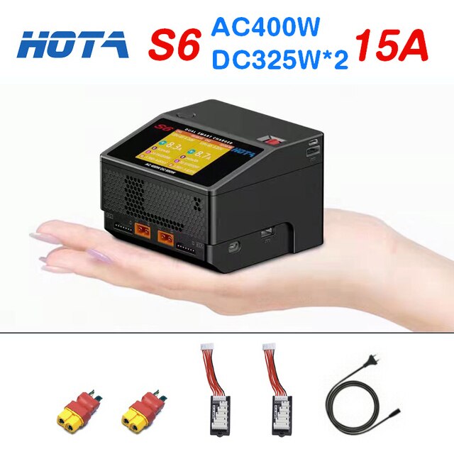 HOTA S6 AC400W DC650W 15A Dual Channel Smart Ultra Small Size Charger with ADP for Lipo LiHV LiFe LiIon NiZn NiCd NiMH Battery