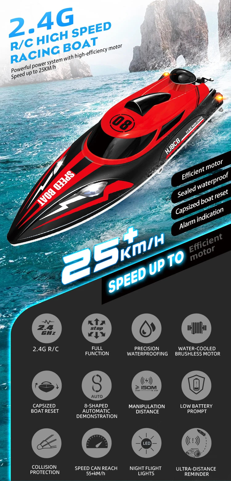 New HJ808 RC Battery Boat 2.4Ghz 25km/h High-Speed Racing Ship Over-travel Return Hint Water Speed Boat Children Model Boys Toys