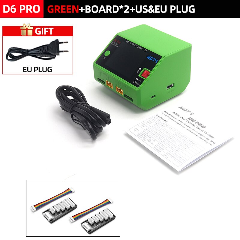 HOTA D6 Pro Smart Charger Dual Channel AC200W DC650W US/EU 15A Lipo NiZn/Nicd/NiMH batterijlader Draadloos opladen voor RC FPV