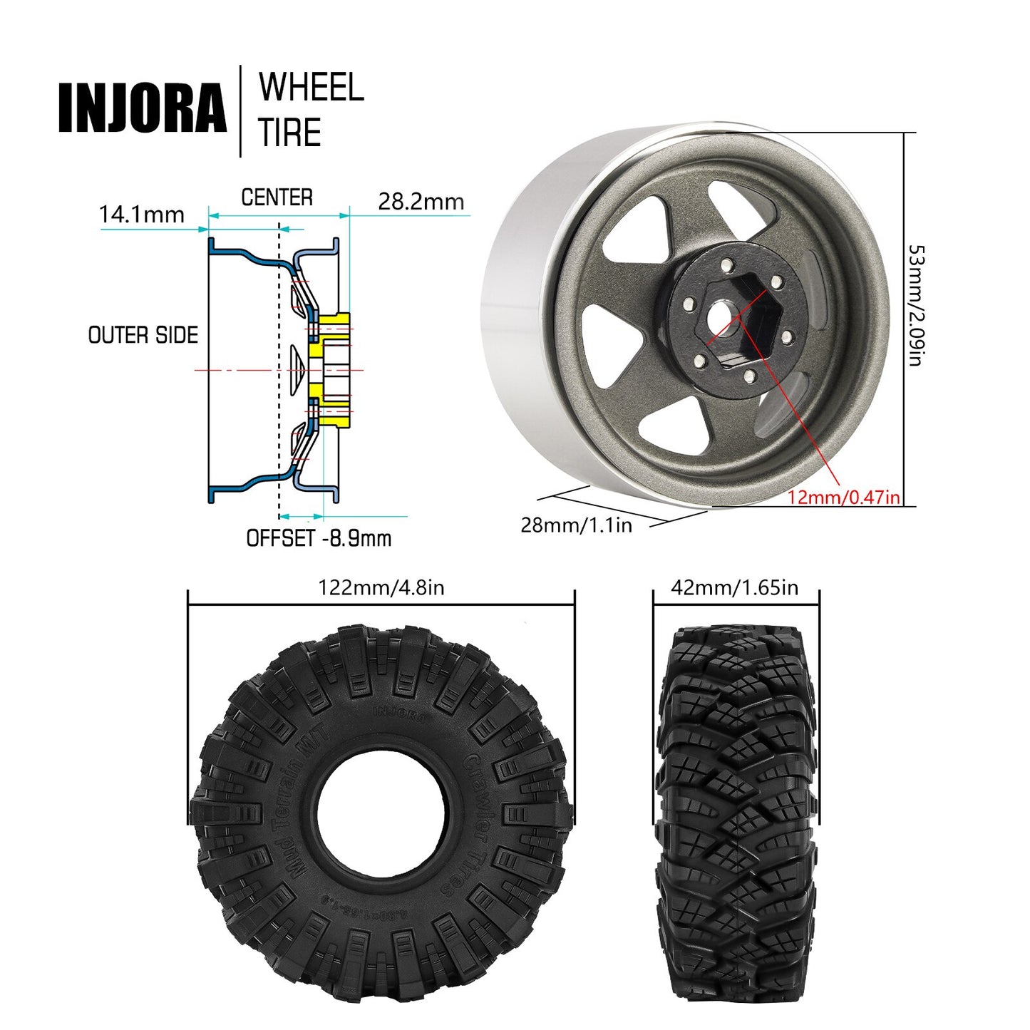 INJORA Offset -8.9mm 1.9" Beadlock Wheel Rim Fango Pneumatici Set per 1/10 RC Crawler Car Axial SCX10 90046 UTB18 TRX4 (W1948-T1912)