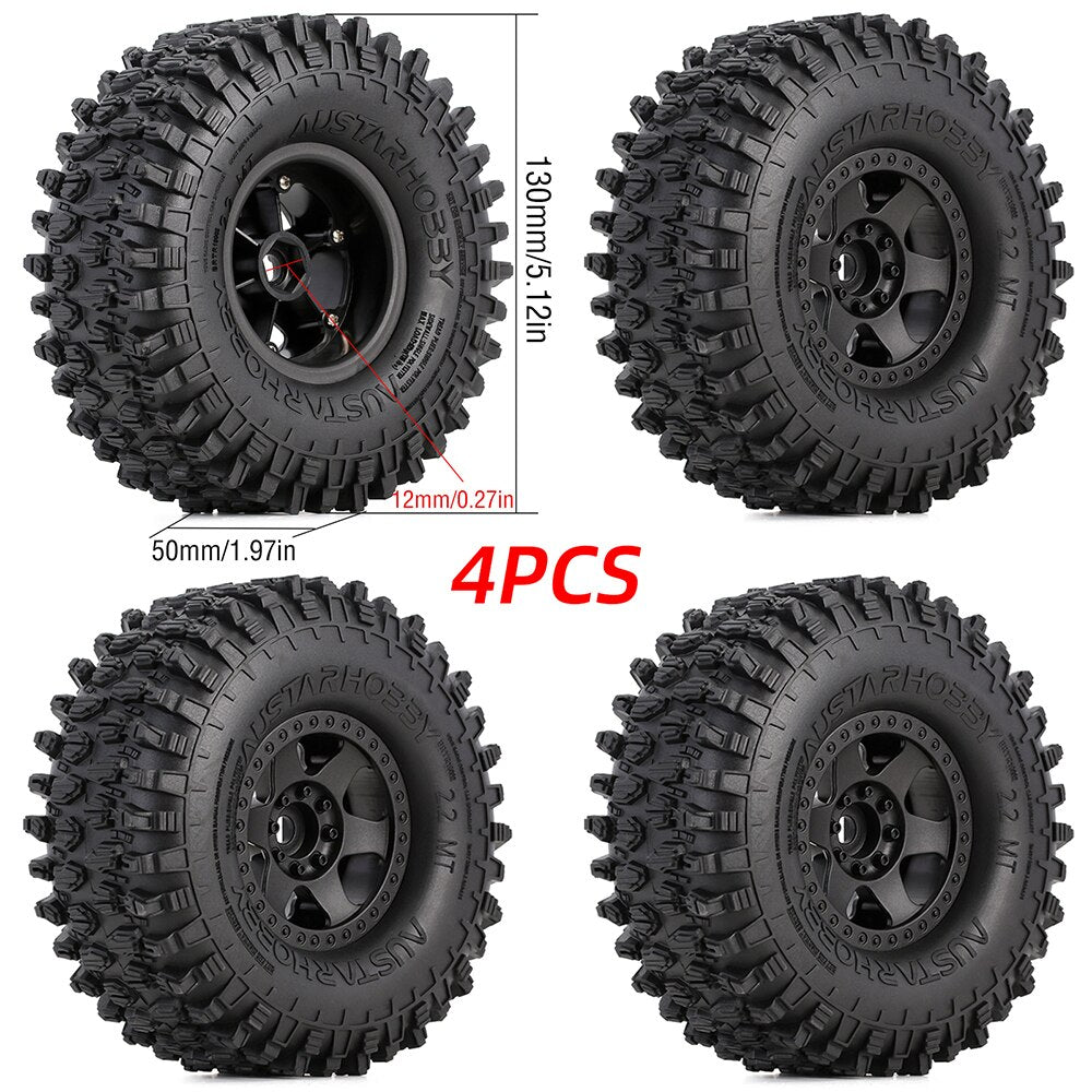 AUSTAR HOBBY 2.2in 1/10 RC Crawler Beadlock Wheels and Tires Rims Set Mud Tire for Axial SCX10 TRX4 TRX-6 Short Course Truck