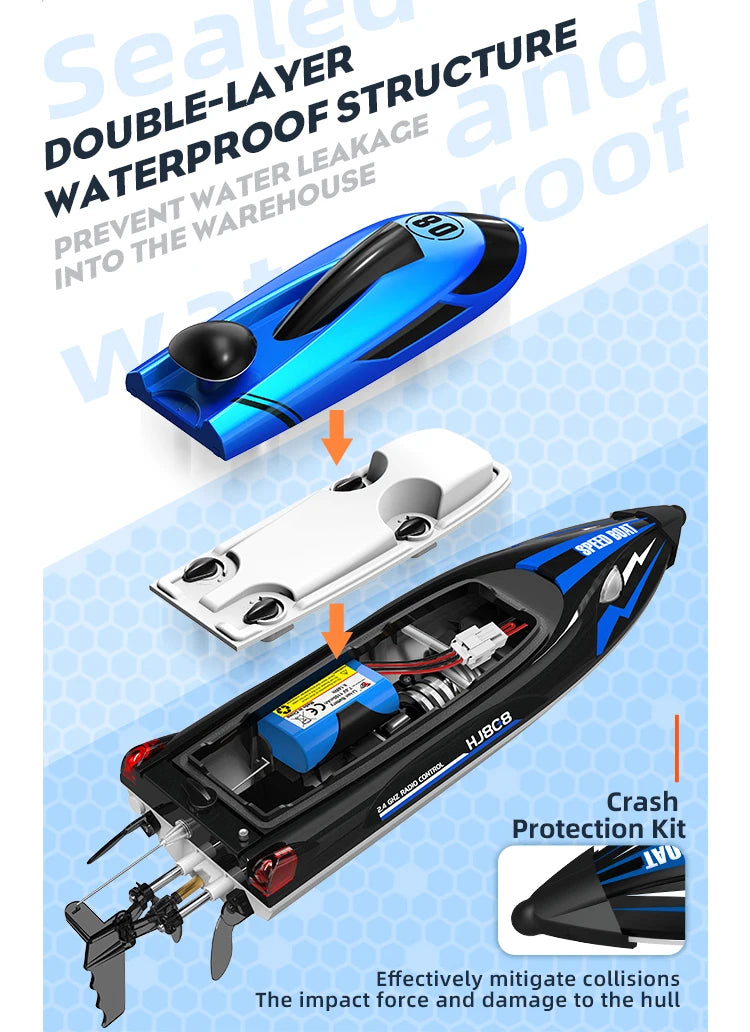 New HJ808 RC Battery Boat 2.4Ghz 25km/h High-Speed Racing Ship Over-travel Return Hint Water Speed Boat Children Model Boys Toys