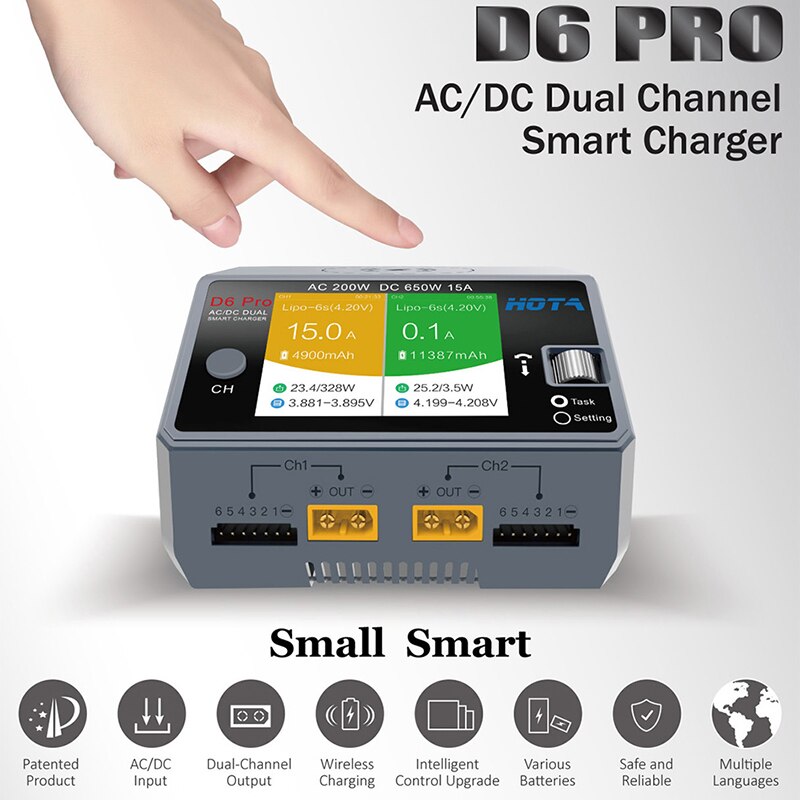 HOTA D6 Pro Smart Charger Dual Channel AC200W DC650W US/EU 15A Lipo NiZn/Nicd/NiMH batterijlader Draadloos opladen voor RC FPV