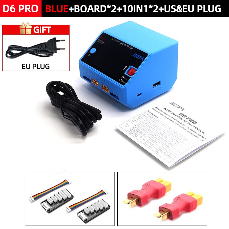 HOTA D6 Pro Smart Charger Dual Channel AC200W DC650W US/EU 15A Lipo NiZn/Nicd/NiMH batterijlader Draadloos opladen voor RC FPV