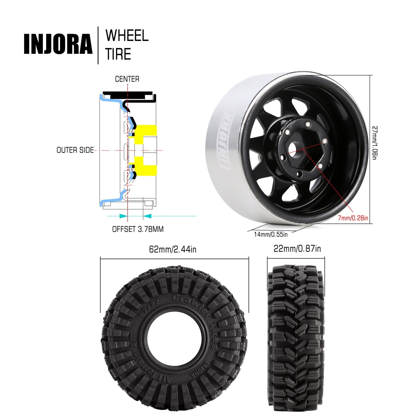 INJORA -3.78mm Offset 1.0 Beadlock Wheel Rims Tires Set for 1/18 1/24 RC Crawler Car Axial SCX24 FMS FCX24 TRX4M (W1004-T1014)