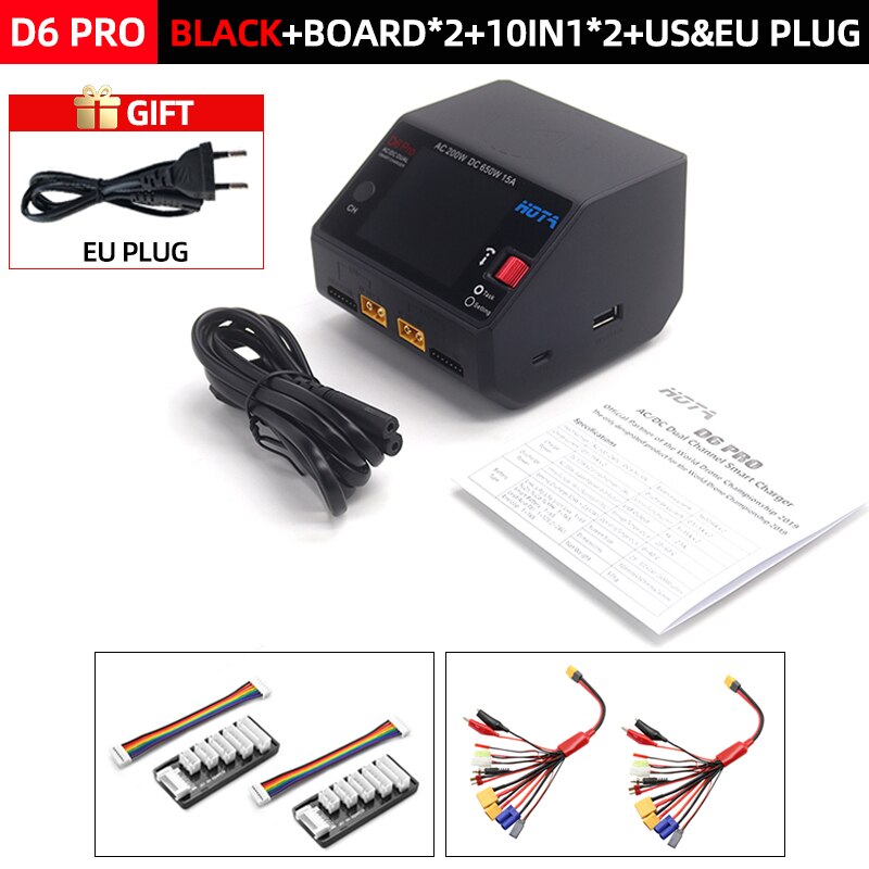 HOTA D6 Pro Smart Charger Dual Channel AC200W DC650W US/EU 15A Lipo NiZn/Nicd/NiMH batterijlader Draadloos opladen voor RC FPV