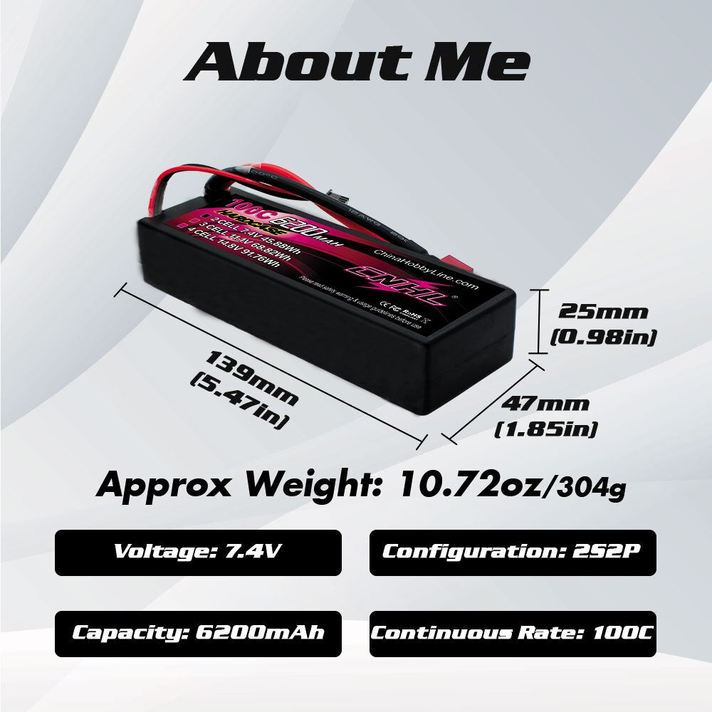 2PCS CNHL 2S 7.4V Lipo Battery 6200mAh 100C Hardcase with T Deans Plug For RC Car Boat Vehicles Truck Tank Truggy Buggy Hobby