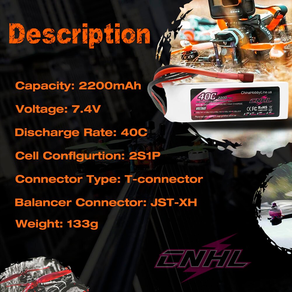 2pcs CNHL 2S 7.4V Lipo Battery 2200mAh 30C 40C 70C With T Deans XT60 Plug for FPV Quadcopter Drone Airplane Helicopter Car Hobby