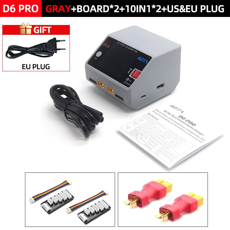 HOTA D6 Pro Smart Charger Dual Channel AC200W DC650W US/EU 15A Lipo NiZn/Nicd/NiMH batterijlader Draadloos opladen voor RC FPV