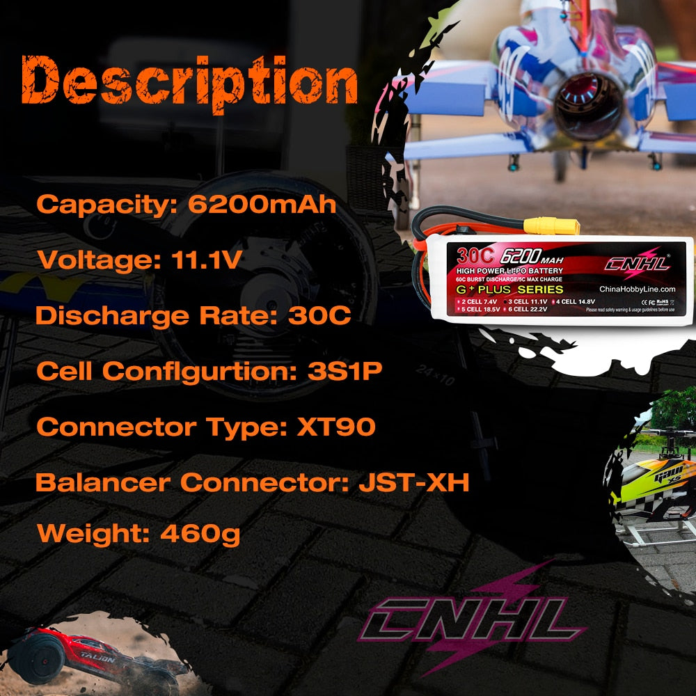 CNHL RC Lipo 3S 11.1V Battery 6200mAh 30C With XT90 Plug For Car Truck Tank Helicopter Quadcopter Airplane Boat Hobby Parts