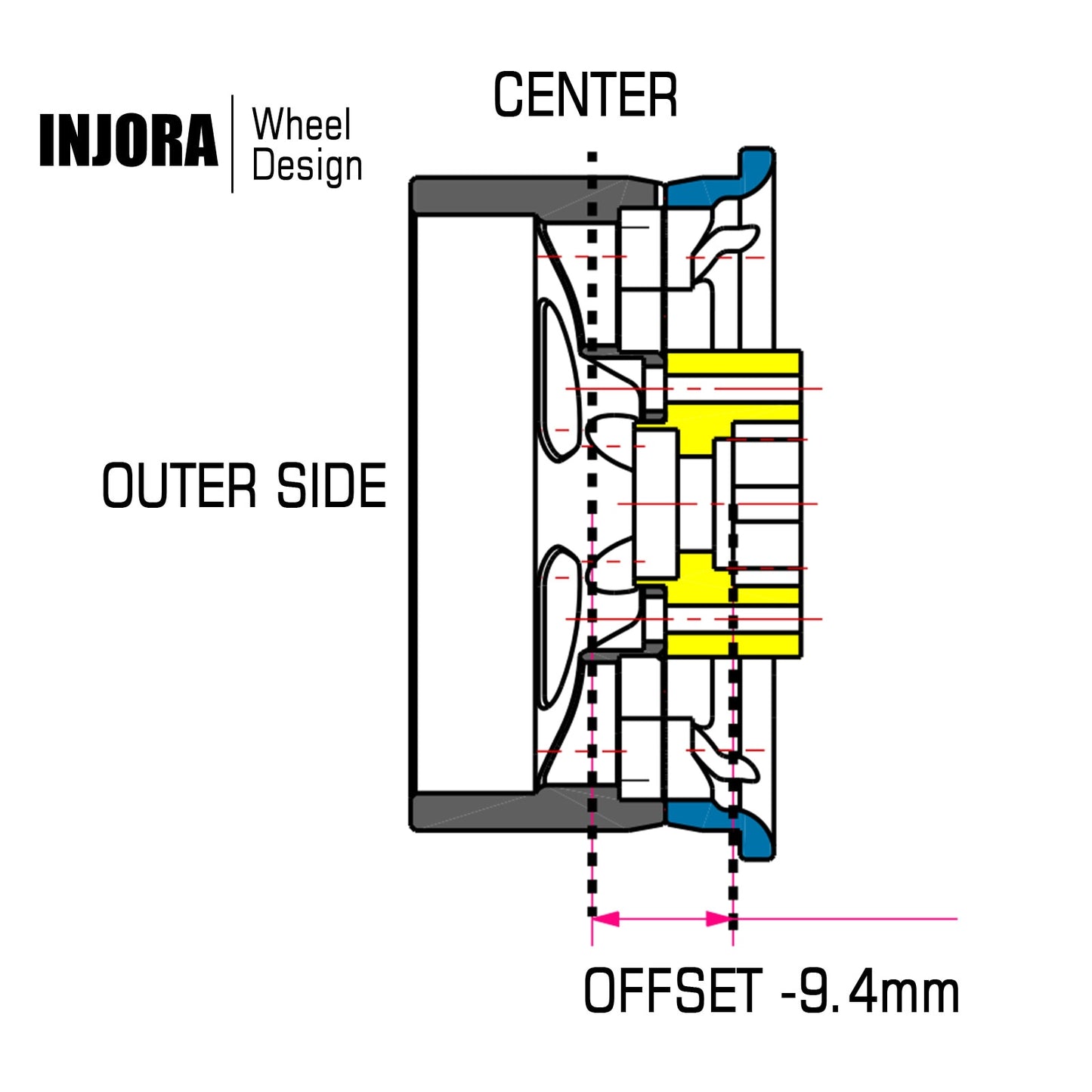 INJORA Deep Dish Negatieve Offset 9.4mm CNC Aluminium 1.9 "Beadlock Velg voor 1/10 RC Crawler Auto TRX4 Axiale SCX10 (W1946)