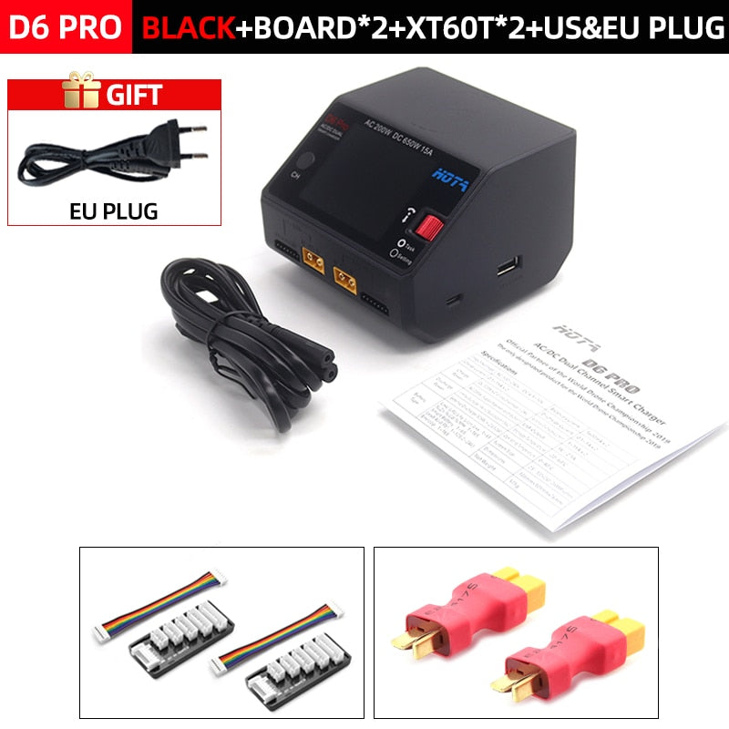 HOTA D6 Pro Smart Charger Dual Channel AC200W DC650W US/EU 15A Lipo NiZn/Nicd/NiMH batterijlader Draadloos opladen voor RC FPV