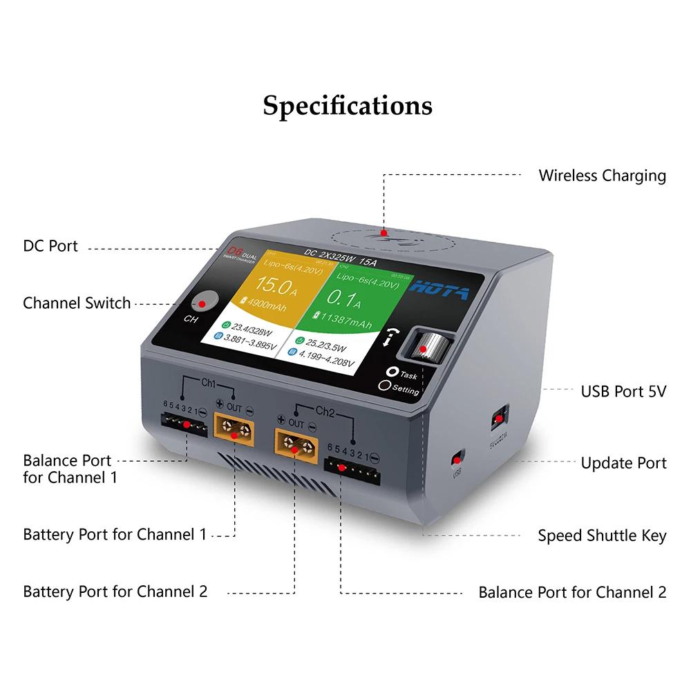 Caricatore intelligente doppio HOTA D6 DC650W 15A Micro USB integrato per batteria Lipo LiIon NiMH con iPhone Samsung