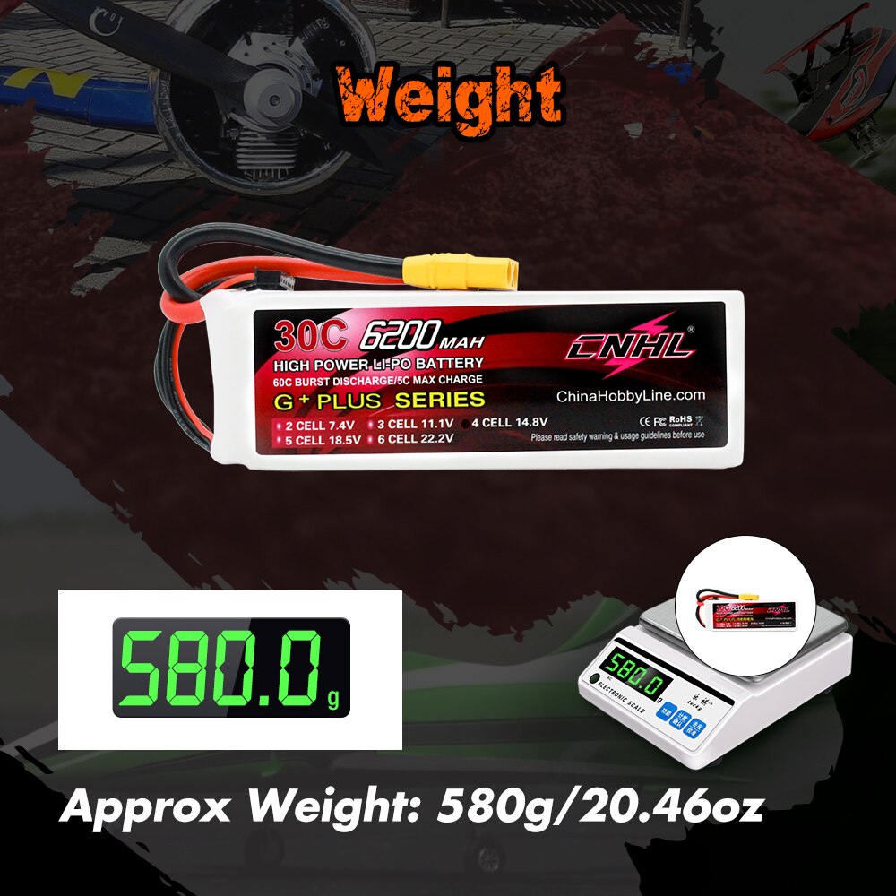 CNHL Lipo Battery 14.8V 4S 6200mAh 30C G+PLUS With XT90 Plug for Airplane Helicopter Car Boat Speedrun Drone Hobbying Model