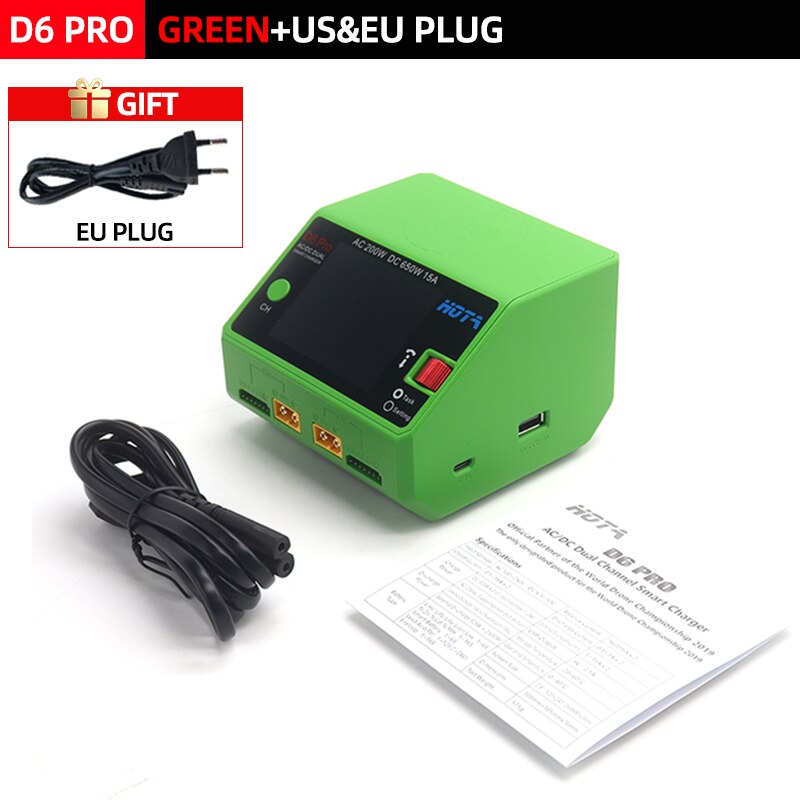 HOTA D6 Pro Smart Charger Dual Channel AC200W DC650W US/EU 15A Lipo NiZn/Nicd/NiMH batterijlader Draadloos opladen voor RC FPV