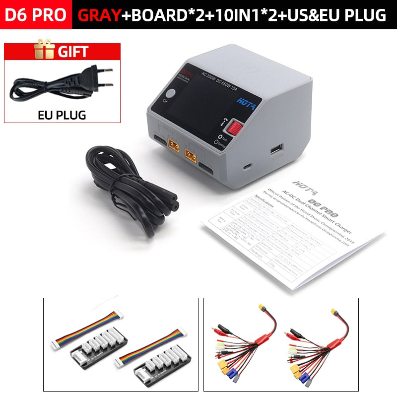 HOTA D6 Pro Smart Charger Dual Channel AC200W DC650W US/EU 15A Lipo NiZn/Nicd/NiMH batterijlader Draadloos opladen voor RC FPV