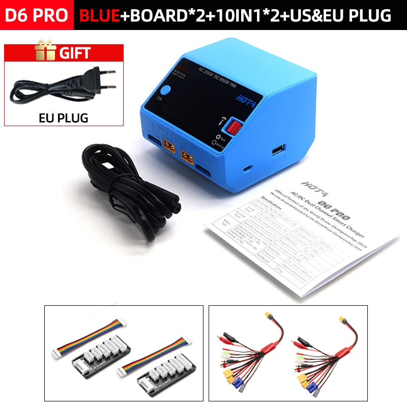 HOTA D6 Pro Smart Charger Dual Channel AC200W DC650W US/EU 15A Lipo NiZn/Nicd/NiMH batterijlader Draadloos opladen voor RC FPV