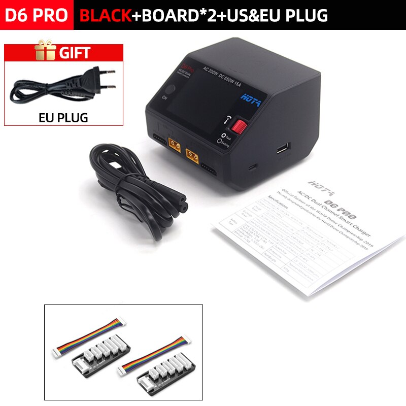 HOTA D6 Pro Smart Charger Dual Channel AC200W DC650W US/EU 15A Lipo NiZn/Nicd/NiMH batterijlader Draadloos opladen voor RC FPV