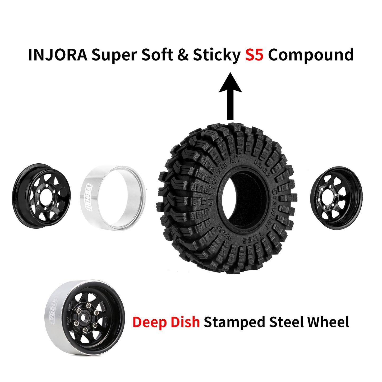 INJORA -3.78mm Offset 1.0 Beadlock Wheel Rims Tires Set for 1/18 1/24 RC Crawler Car Axial SCX24 FMS FCX24 TRX4M (W1004-T1014)