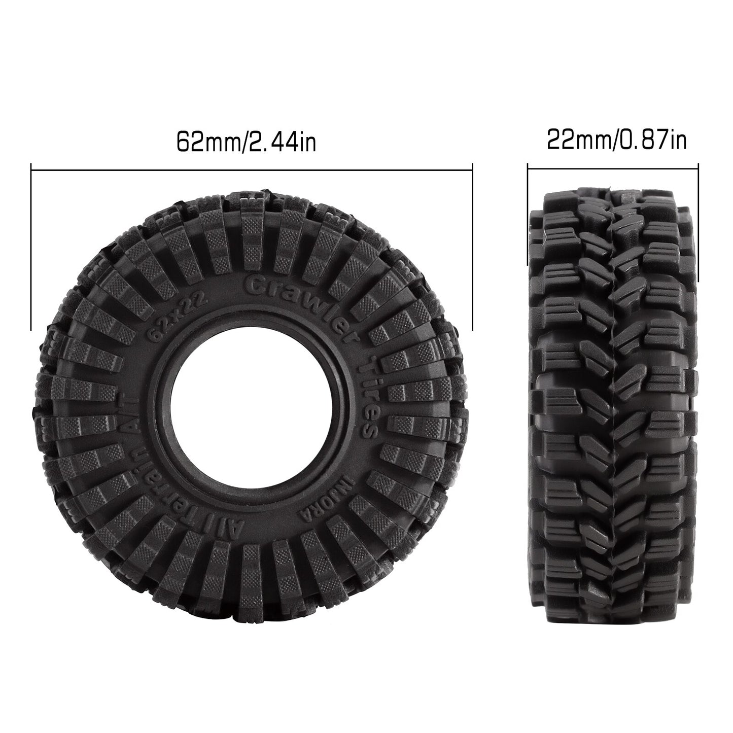 INJORA Super Soft Sticky 1.0 Wheel Tires All Terrain 62*22mm for 1/18 1/24 RC Crawler Axial SCX24 FMS FCX24 Enduro24 (T1014)