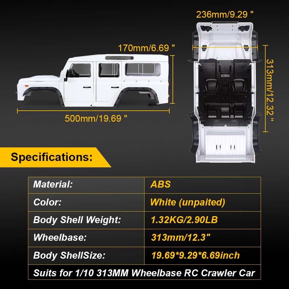 INJORA Carrozzeria Defender in plastica dura 313 mm passo 12,3 pollici D110 per auto cingolata 1/10 RC TRX4 Axial SCX10 90046