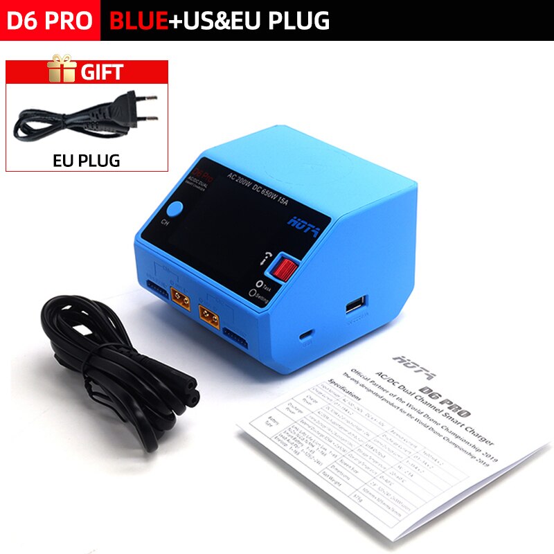 HOTA D6 Pro Smart Charger Dual Channel AC200W DC650W US/EU 15A Lipo NiZn/Nicd/NiMH batterijlader Draadloos opladen voor RC FPV