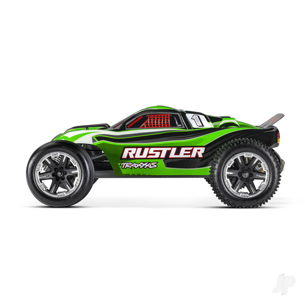 TRAXXAS Rustler 1:10 2WD RTR elektrische stadiontruck, groen (+ TQ 2-ch, XL-5, Titan 550, 7-cel NiMH, USB-C-oplader) Shadow stock TRX37054-8-GRN