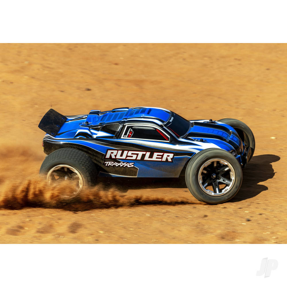 TRAXXAS Rustler 1:10 2WD RTR elektrische stadiontruck, blauw (+ TQ 2-ch, XL-5, Titan 550, 7-cel NiMH, USB-C-oplader) Shadow stock TRX37054-8-BLUE