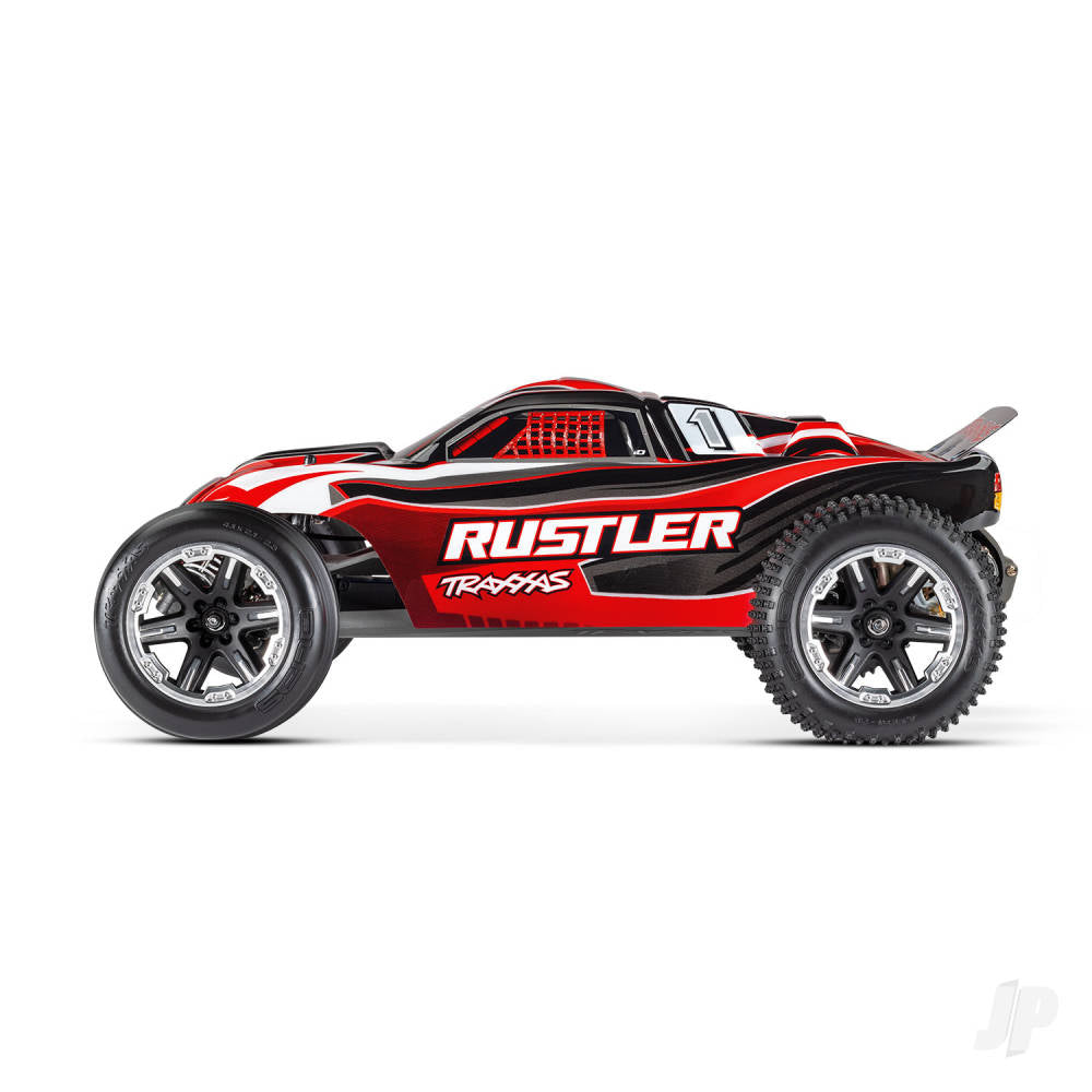 TRAXXAS Rustler 1:10 2WD RTR elektrische stadiontruck, rood (+ TQ 2-ch, XL-5, Titan 550, 7-cel NiMH, USB-C-oplader) Shadow stock TRX37054-8-RED