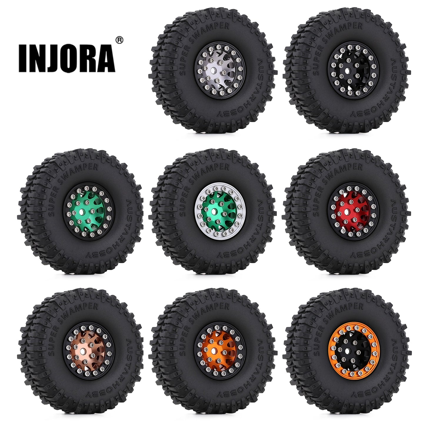 INJORA 60*20mm 1.0" Beadlock CNC Wheel Rims Mud Tires for 1/24 RC Crawler Car Axial SCX24 FCX24 Enduro24 Upgrade (W1049-T2430)