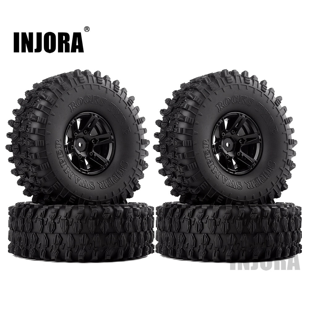 INJORA 4Pcs 1.9" Beadlock Wheel Rim & 1.9 Rubber Tires Set for 1/10 RC Crawler Axial SCX10 90046 RC Car Parts