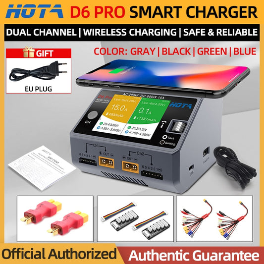 HOTA D6 Pro Smart Charger Dual Channel AC200W DC650W US/EU 15A Lipo NiZn/Nicd/NiMH batterijlader Draadloos opladen voor RC FPV