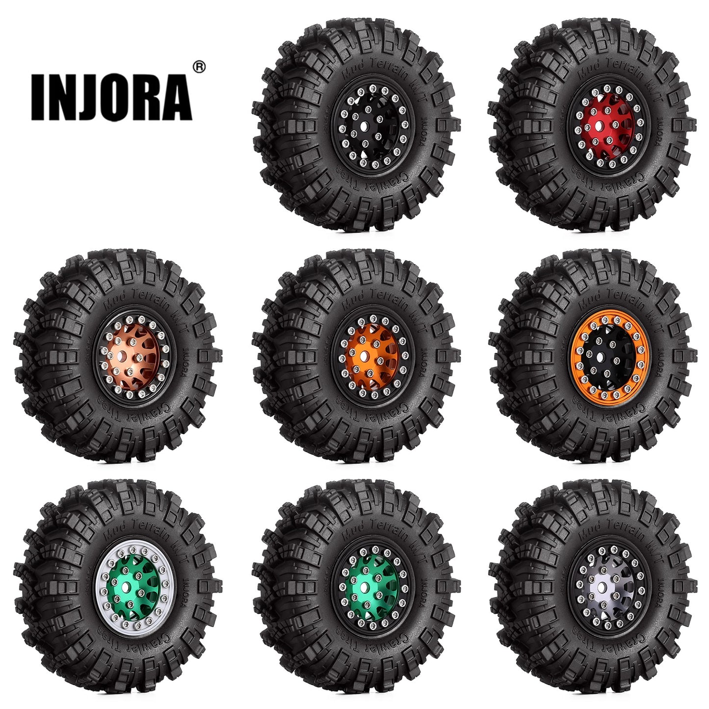 INJORA 1.0 Beadlock Velgen Modder Terrein Banden Set Voor 1/24 RC Crawler Auto Axiale SCX24 FMS FCX24 Enduro24 AX24 (W1049-T1007)