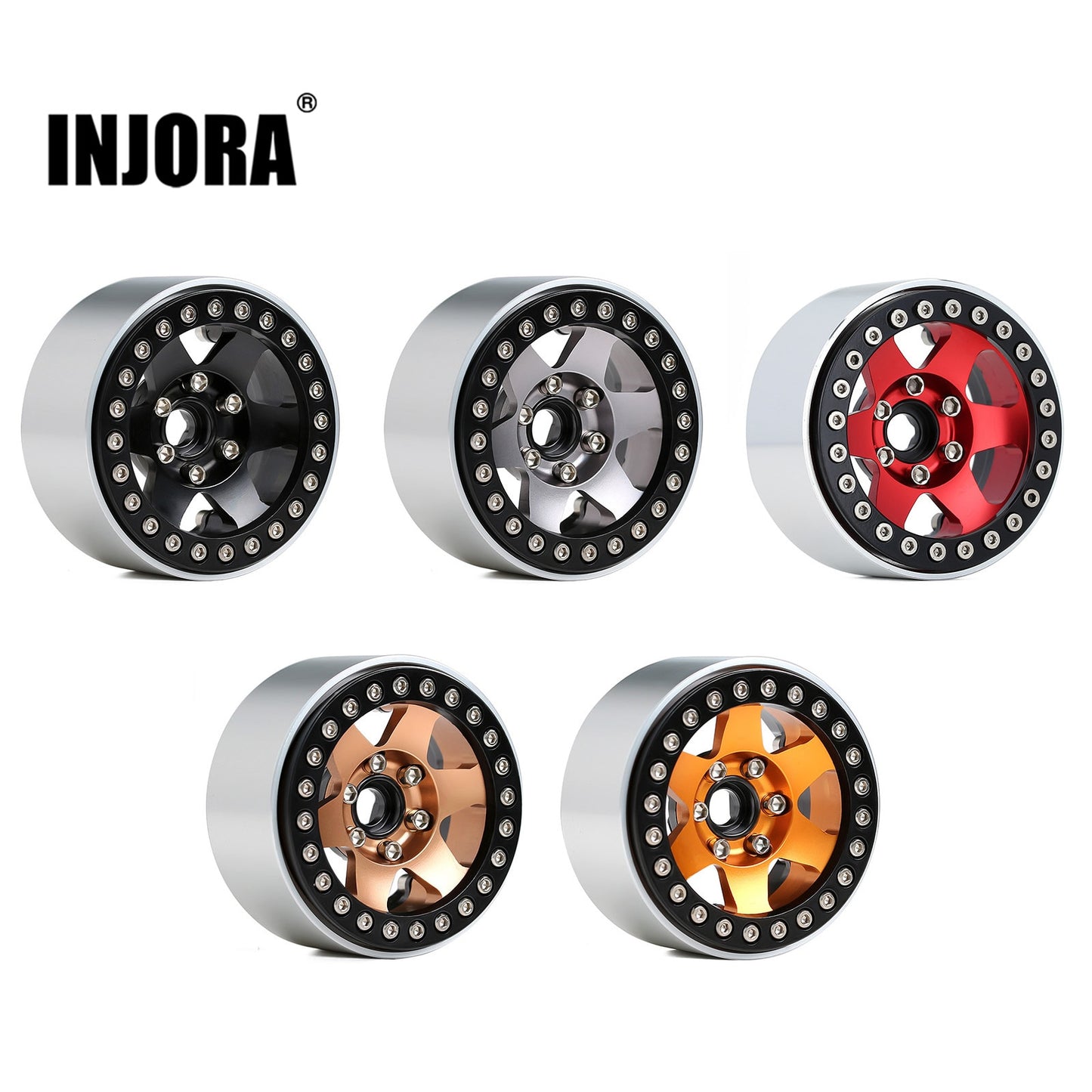 INJORA Metallo 6 Raggi 1.9 Beadlock Mozzo Ruota Cerchio per 1/10 RC Crawler Axial SCX10 90046 Capra AXI03007 TRX4 Redcat Gen8 VS4-10